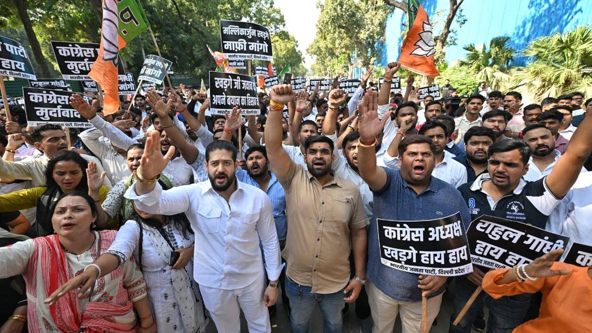 Delhi BJP holds protest near Kharge’s residence; demands apology for ‘insulting’ PM Modi